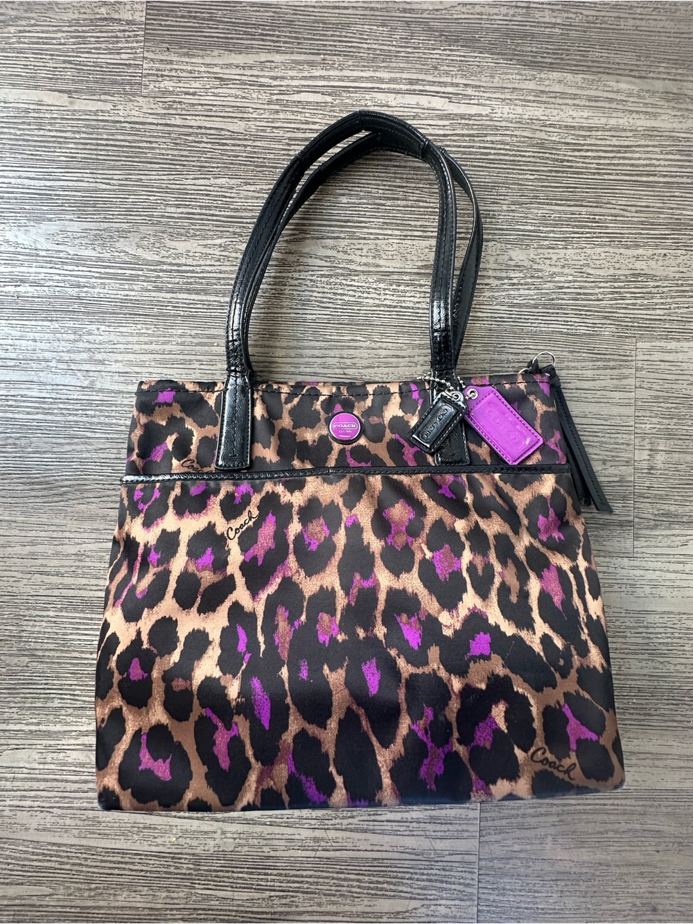 Coach Leopard-Print Tote with Purple and Black Accents